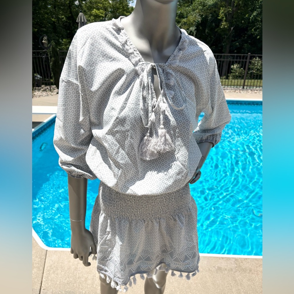 White & Grey Geometric Patterned Dress With Smocked Waistband & Tassel Details